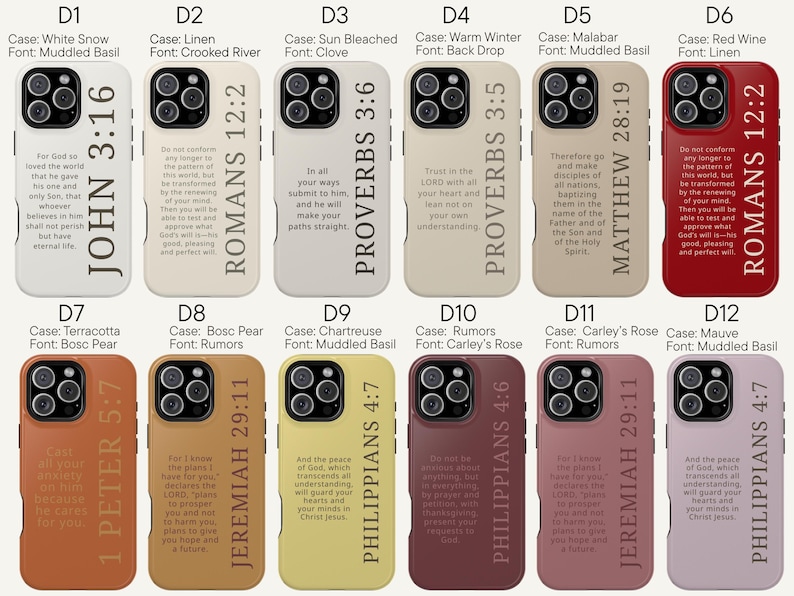 May include: A collection of twelve phone cases in various colors, each featuring a different Bible verse in a vertical layout. The cases are in shades of white, beige, terracotta, yellow, and red. The fonts vary, with the text in black.