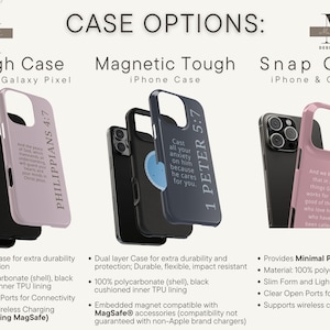 May include: Image of three phone cases with different designs. The cases are labeled Tough Case, Magnetic Tough, and Snap Case. Each case has a different color and text. The Tough Case is light pink with the text "Philippians 4:7".