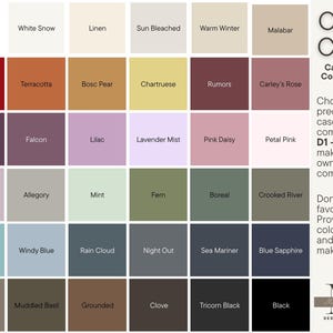 May include: Color chart with a variety of color swatches, including shades of red, purple, green, and blue. The chart also includes text that says "Color Chart" and "Case & Font Color Choices".