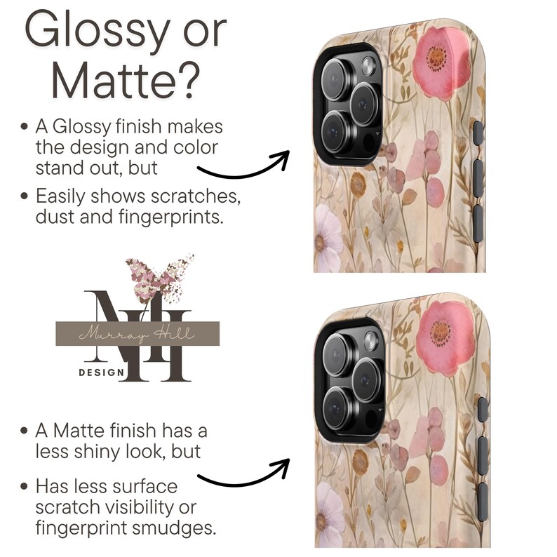 May include: Two phone cases with floral designs. One case has a glossy finish, and the other has a matte finish. The cases feature a beige background with pink and purple flowers. The text on the image reads "Glossy or Matte?" and "Murray Hill Design."