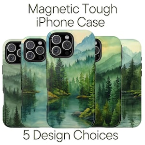 May include: Five iPhone cases with a watercolor landscape design featuring a lake, trees, and mountains. The cases are in shades of green, blue, and yellow. The text "Magnetic Tough iPhone Case" and "5 Design Choices" are displayed.