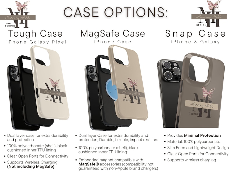 May include: Image showcasing three phone case options: Tough Case, MagSafe Case, and Snap Case. Each case features a design with a butterfly and the text "Murray Hill Design". The cases are available for iPhone and Galaxy Pixel.