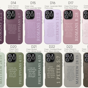 May include: A collection of phone cases in various colors, including plum, lilac, and olive green. Each case features a different Bible verse printed vertically. The cases are designed for various iPhone models.