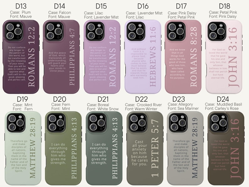 May include: A collection of phone cases in various colors, including plum, lilac, and olive green. Each case features a different Bible verse printed vertically. The cases are designed for various iPhone models.