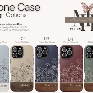 May include: Phone case design options with floral and butterfly illustrations. Cases are available in Windy Blue, Malabar, Saphhire, Rumors, and Boreal. Each case has a wooden-look base and the name "Madison" printed on it.
