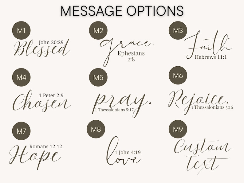 May include: A beige background displays nine message options in elegant script. The options include words like "Blessed," "Grace," "Faith," "Chosen," "Pray," "Rejoice," "Hope," "Love," and "Custom Text," each with a corresponding Bible verse.