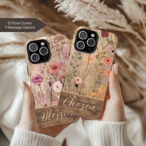 May include: Two floral phone cases with a wooden accent featuring the word "Chosen" and the Bible verse 1 Peter 2:9. The cases display a variety of pink, purple, and white flowers. The text "12 Floral Covers 9 Message Options" is also visible.