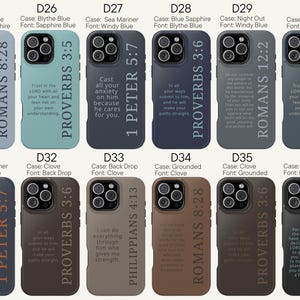 May include: A collection of phone cases in various colors, each featuring a different Bible verse. The cases are in shades of blue, brown, and black, with text in contrasting colors. Verses include Romans 8:28, Proverbs 3:5, and Jeremiah 29:11.