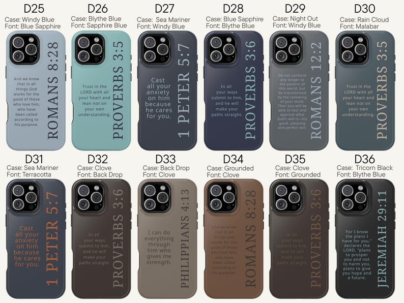 May include: A collection of phone cases in various colors, each featuring a different Bible verse. The cases are in shades of blue, brown, and black, with text in contrasting colors. Verses include Romans 8:28, Proverbs 3:5, and Jeremiah 29:11.