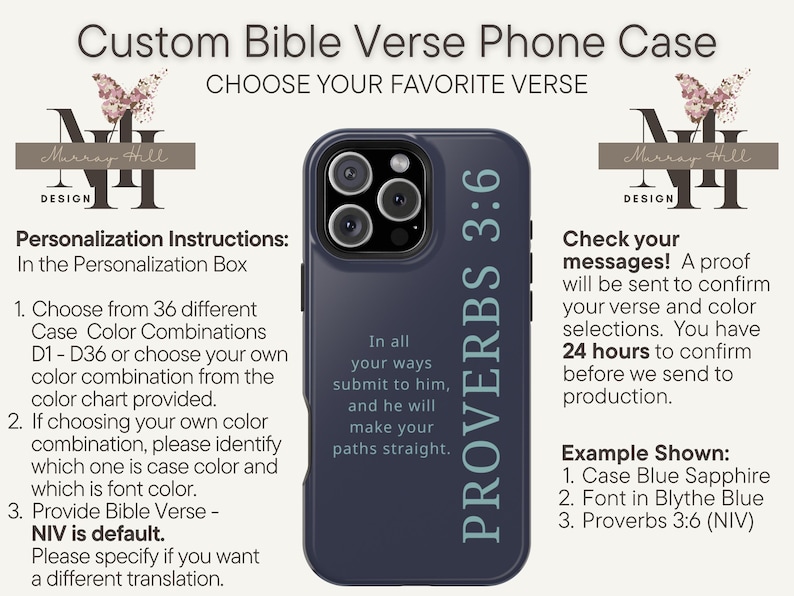 May include: Navy blue phone case with the Bible verse Proverbs 3:6 in light blue. The case has a matte finish and features a custom design option. The text reads, "In all your ways submit to him, and he will make your paths straight."