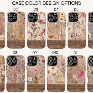 May include: A collection of phone cases with floral designs. Each case features a wooden base and a variety of floral patterns in shades of pink, purple, and yellow. The text "CASE COLOR DESIGN OPTIONS" is at the top, with design codes D1 through D12.