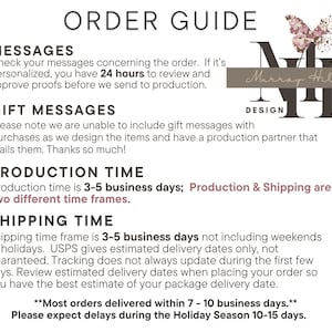 May include: An order guide with text about messages, gift messages, production time, and shipping time. The Murray Hill Design logo is in the upper right corner. The guide states production time is 3-5 business days.