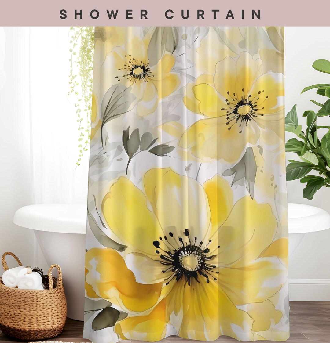 Yellow Floral Shower Curtain Coquette Decor First Home Housewarming