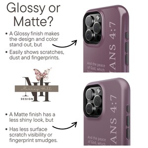 May include: Two purple phone cases with the text "PHILIPPIANS 4:7" and "And the peace of God, which..." printed on them. The image also includes text about glossy and matte finishes, and a logo with a butterfly.