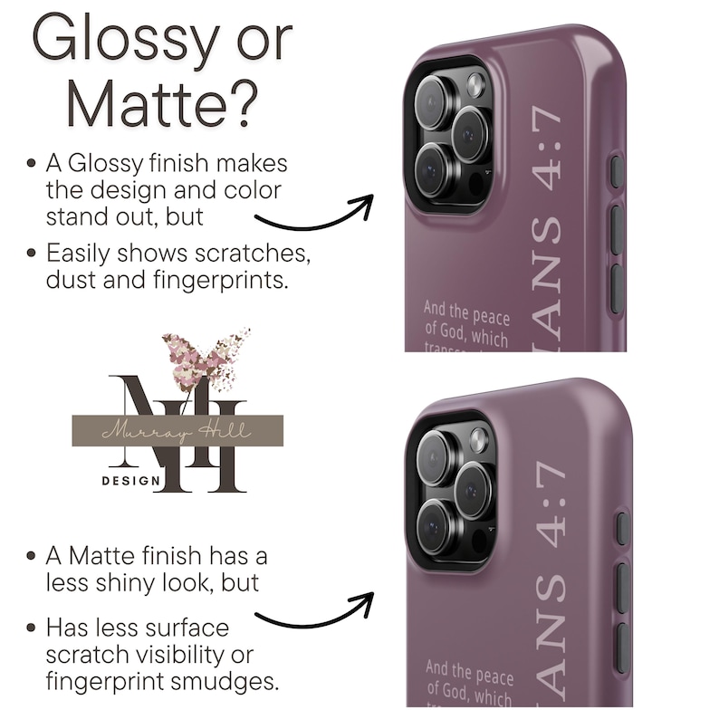 May include: Two purple phone cases with the text "PHILIPPIANS 4:7" and "And the peace of God, which..." printed on them. The image also includes text about glossy and matte finishes, and a logo with a butterfly.