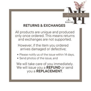 May include: A white and brown graphic with the text "RETURNS & EXCHANGES" and "Murray Hill DESIGN". The text explains the return policy: returns and exchanges are not supported, but refunds or replacements are offered for damaged or defective items.