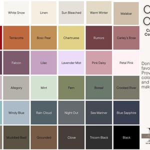May include: Color chart with a variety of color swatches, including White, Red Wine, Plum, Mauve, Blythe Blue, Back Drop, White Snow, Terracotta, Falcon, Allegory, Windy Blue, Muddled Basil, Linen, Bosc Pear, Lilac, Mint, Rain Cloud, Grounded, Sun Bleached, Chartruese, Lavender Mist, Fern, Night Out, Clove, Warm Winter, Rumors, Pink Daisy, Boreal, Sea Mariner, Tricorn Black, Malabar, Carley's Rose, Petal Pink, Crooked River, Blue Sapphire, and Black.