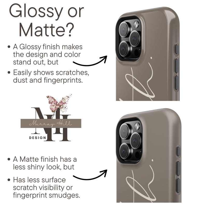 May include: Two phone cases in a taupe color are shown, one with a glossy finish and the other with a matte finish. The text on the image reads "Glossy or Matte?" and describes the pros and cons of each finish. The cases have a camera and button cutouts.