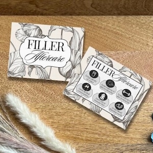 May include: A wooden tray with a variety of items for a filler treatment, including two small bottles, three syringes, a pair of blue gloves, and two cards with the text "Filler Aftercare".