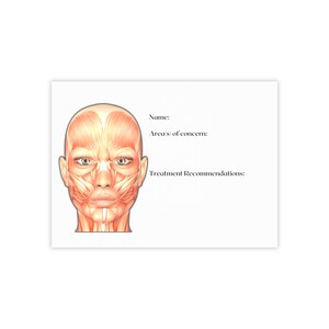 May include: A white card with a detailed anatomical illustration of a human face, highlighting muscle structure. Text fields for 'Name:', 'Areas of concern:', and 'Treatment Recommendations:' are present.