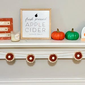 May include: A shelf decorated for fall with a garland of crocheted flowers. Other decorations include pumpkins, a snow globe, a sign that says "fresh pressed apple cider served daily", and a wooden sign that says "Fall is my favorite".