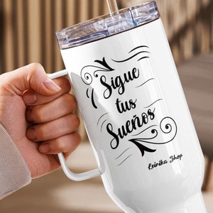 Follow Your Dreams Thermos, Thermos with Handle and Straw, Large Travel Mug, Personalized Coffee Thermos with Motivational Phrases, Thermos