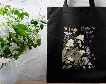 Bolsa de mano Mama Lover con flores, regalos dia de la madre, bolsa de tela regalos, bolsa personalizada, bolsas regalos, bolsas de algodon