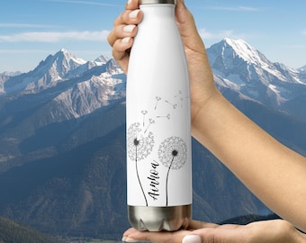 Botella de agua personalizada para mujer y hombre | Botella grabada con nombre diseño diente de león | Botella personalizada con nombre