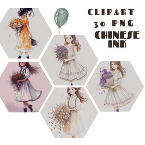 Chinese Ink Drawing Girls - Clipart - Transparent PNG - Commercial Use