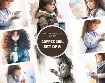 Coffee Girl Clipart, Set of 9, Digital Download, Commercial Use