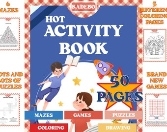 Pode incluir: Uma capa de livro de atividades azul e amarela com o título "HOT ACTIVITY BOOK" e uma imagem de duas crianças. O livro tem 50 páginas e inclui labirintos, jogos, quebra-cabeças, colorir e atividades de desenho.