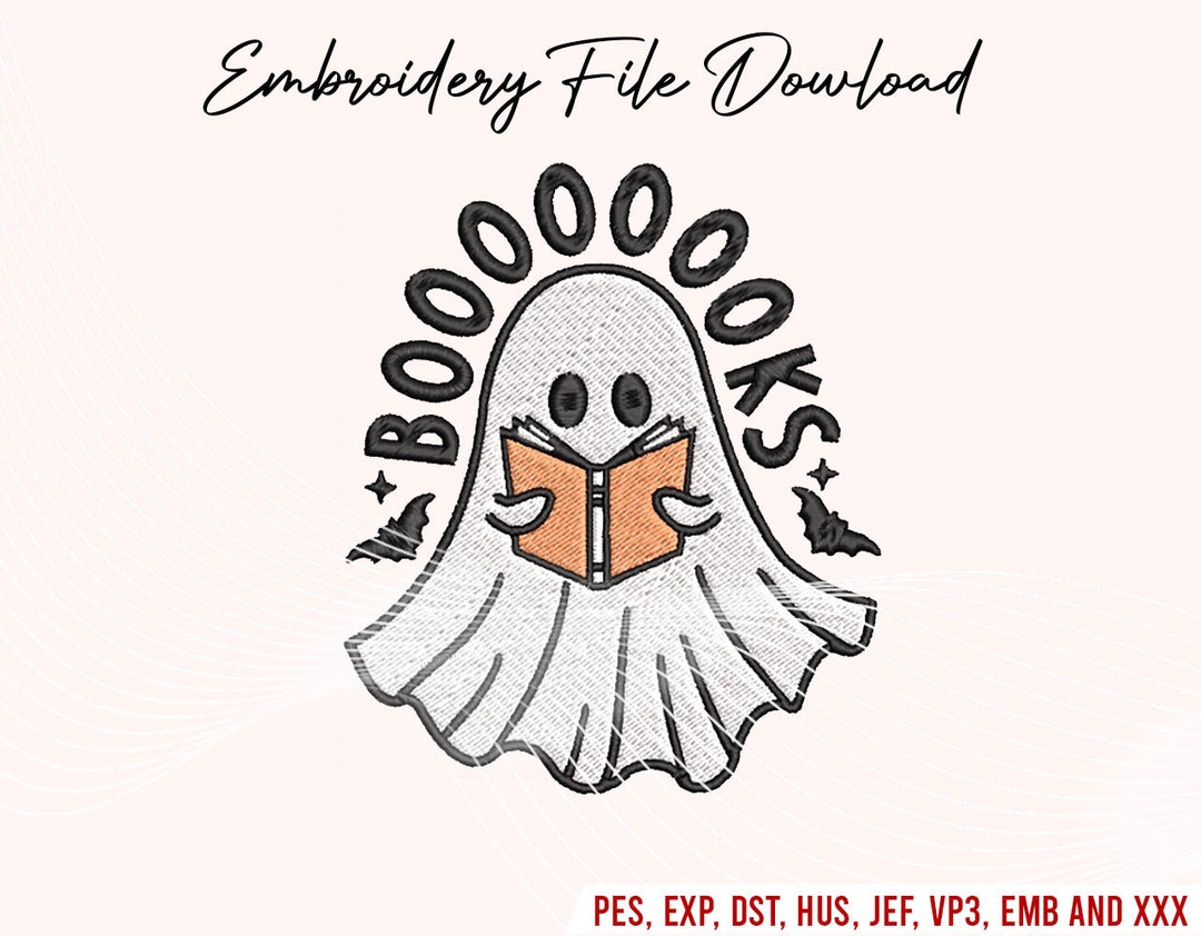 Ghost Reading Booooks Embroidery Design, Halloween Embroidery Design, Reading Ghost Embroidery