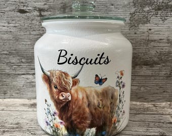 Highland cow biscuit jar Hand decorated