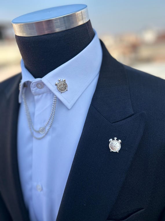 Uhr Kragen Kette: Silber Brosche Clip, Herren Accessoire