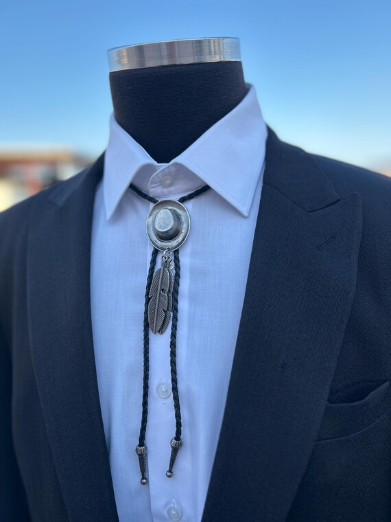 Western Bolo Tie: Vintage Cowboy Hat & Feather Leather  display picture 3