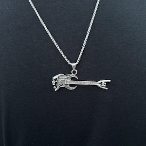 Heavy Metal Guitar Necklace for Men – Skull and Rock Hand Detail – Stainless Steel Punk Rock Jewelry – Gift for DJs & Musicians