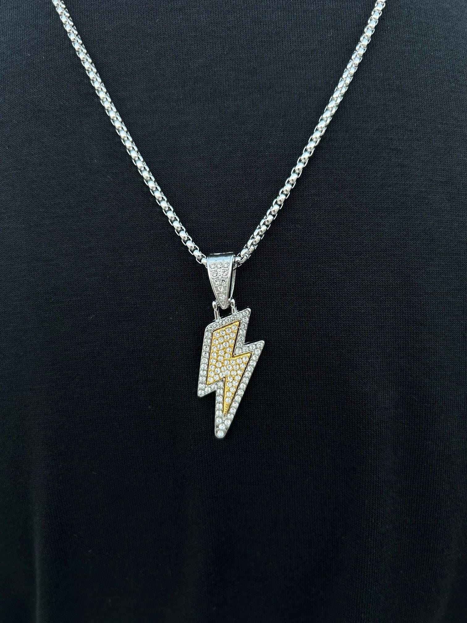 Gold Lightning Bolt Necklace: Crystal Pendant, Unisex Punk Jewelry