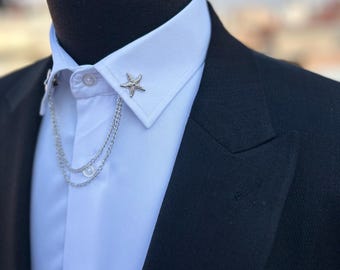Starfish Collar Clip: Handmade Silver Plated Brooch for Men