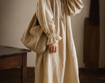 Vintage Cotton Linen Maxi Dress, Long Sleeve Boho Drawstring Dress