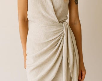 Beige Linen Wrap Mini Dress, Sleeveless Collared Summer Outfit