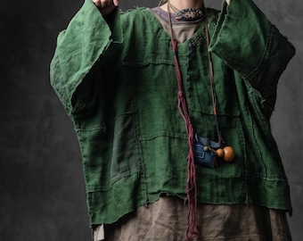 Oversized Loose Linen Cotton Patchwork Blouse, Boho V-Neck Long Sleeve Artistic Top