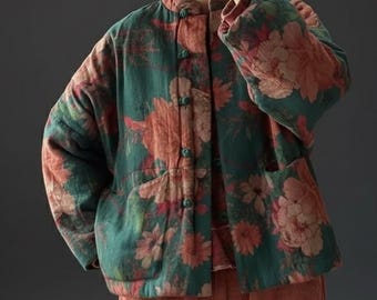 Vintage Floral Cotton Quilted Jacket, Loose Fit