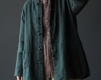 Vintage katoenen linnen damesjas, losse pasvorm met knoopsluiting aan de voorkant, casual lentejas, minimalistische effen kleur dagelijkse bovenkleding