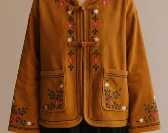 Vintage Corduroy Embroidered Coat, Stand Collar Buckle Jacket with Pockets, Retro Loose Fit Autumn Winter Women’s Special Design