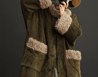 Damska kurtka typu parka z wełnianego sztruksu w stylu vintage, kurtka z patchworkowym wzorem, luźny krój, zimowa odzież wierzchnia z guzikami i kieszeniami