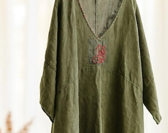 Vintage Embroidered Linen Dress for Women, Loose Fit Green Boho Dress, V-Neck Long Sleeve Snow Washed Dress, Spring Summer Outfit