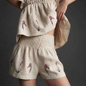 100% Linen Embroidered Floral Two Piece Set, Ruffle Strap Top, High Waist Shorts