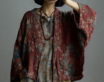 Oversized Cotton Kimono Top: Vintage Floral Artwear Blouse