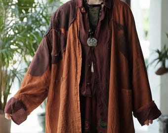 Handmade Oversized Linen Trench Coat Women – 2025 Autumn Vintage Patchwork Loose Long Jacket, Unique Design Outerwear