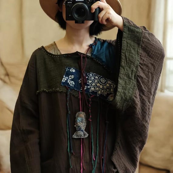 Vintage Patchwork Cotton Linen Top, Oversized Batwing Sleeve T-Shirt